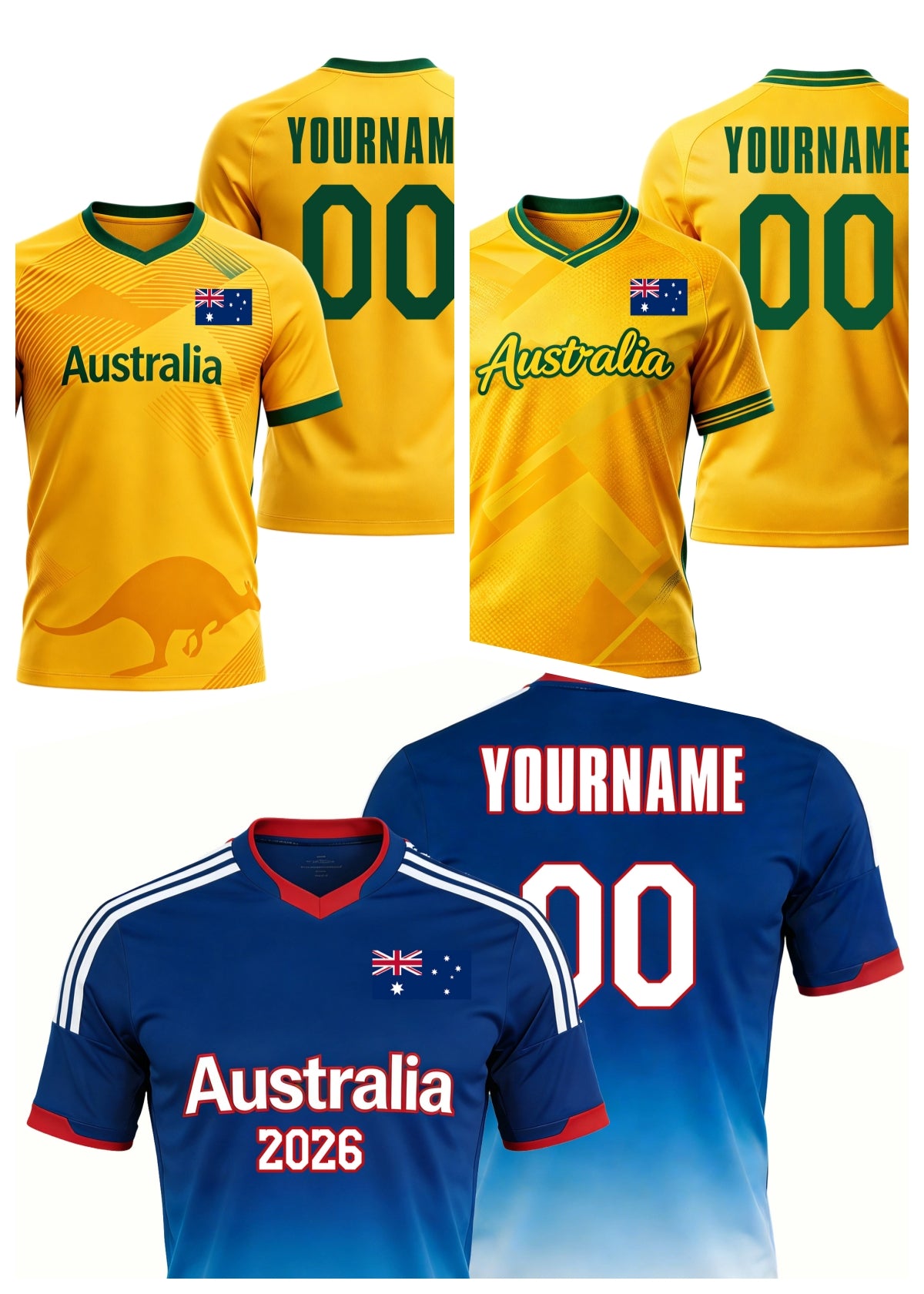 Custom Australia Soccer Jersey – Personalized Name & Number Football Shirt:2026 Cup Kids Youths Mens Womens Fans