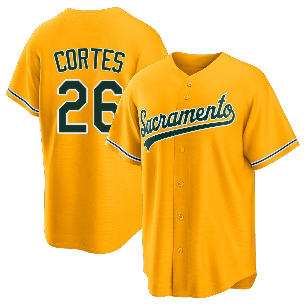 West Sacramento #26 Cortes Player Baseball Short Sleeve Gold Jersey Carlos For Men Women Youth Gift