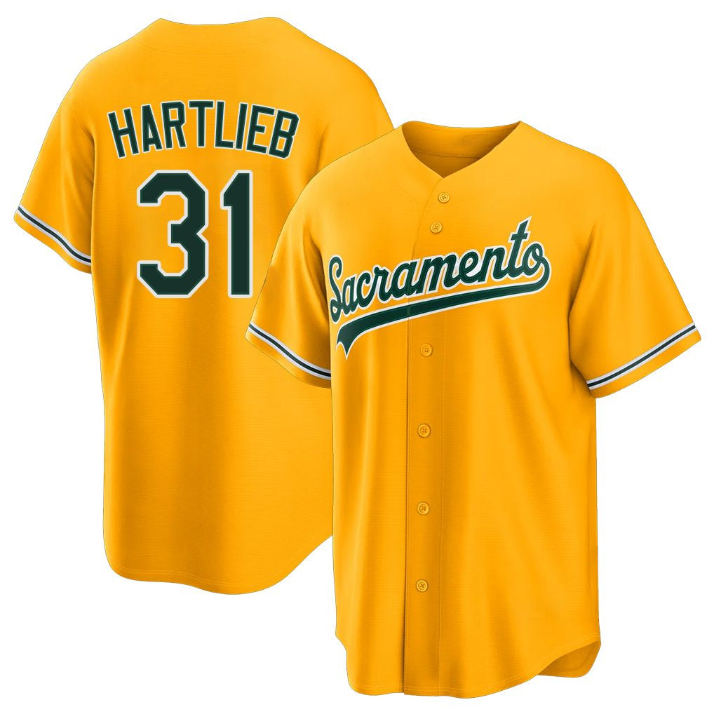 West Sacramento #31 Hartlieb Player Baseball Short Sleeve Gold Jersey Geoff For Men Women Youth Gift