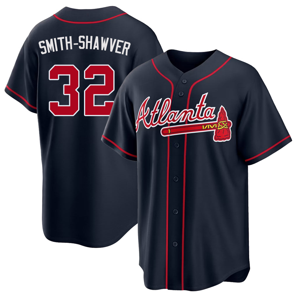 Atlanta #32 Smith-Shawver Player Baseball Short Sleeve Navy Jersey AJ For Men Women Youth Gift