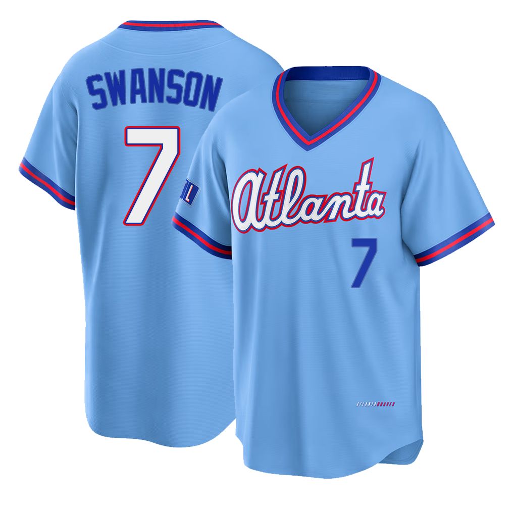 Atlanta #7 Swanson Player Baseball Short Sleeve Powder Blue Jersey Dansby For Men Women Youth Gift