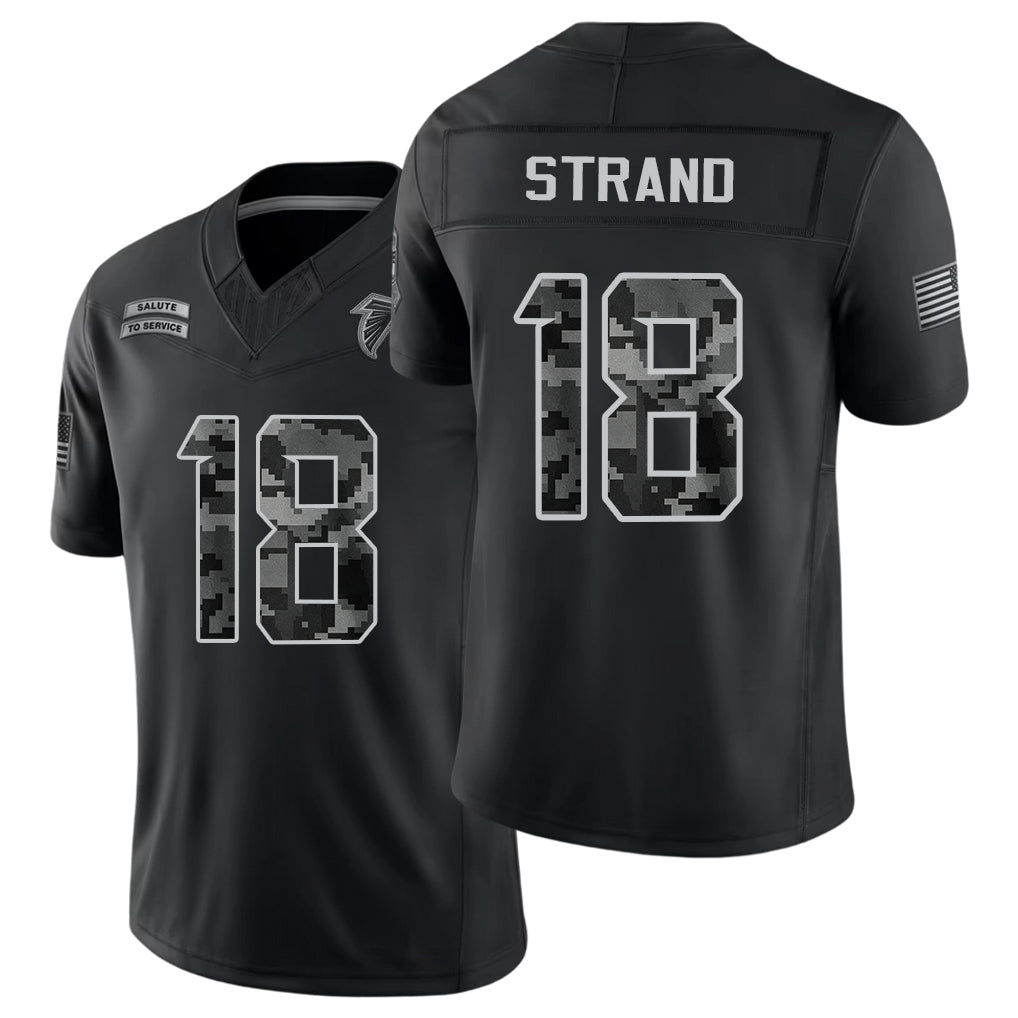 Atlanta #18 Strand Player Football V Neck Short Sleeve Black Jersey Jack For Men Youth Women Gift