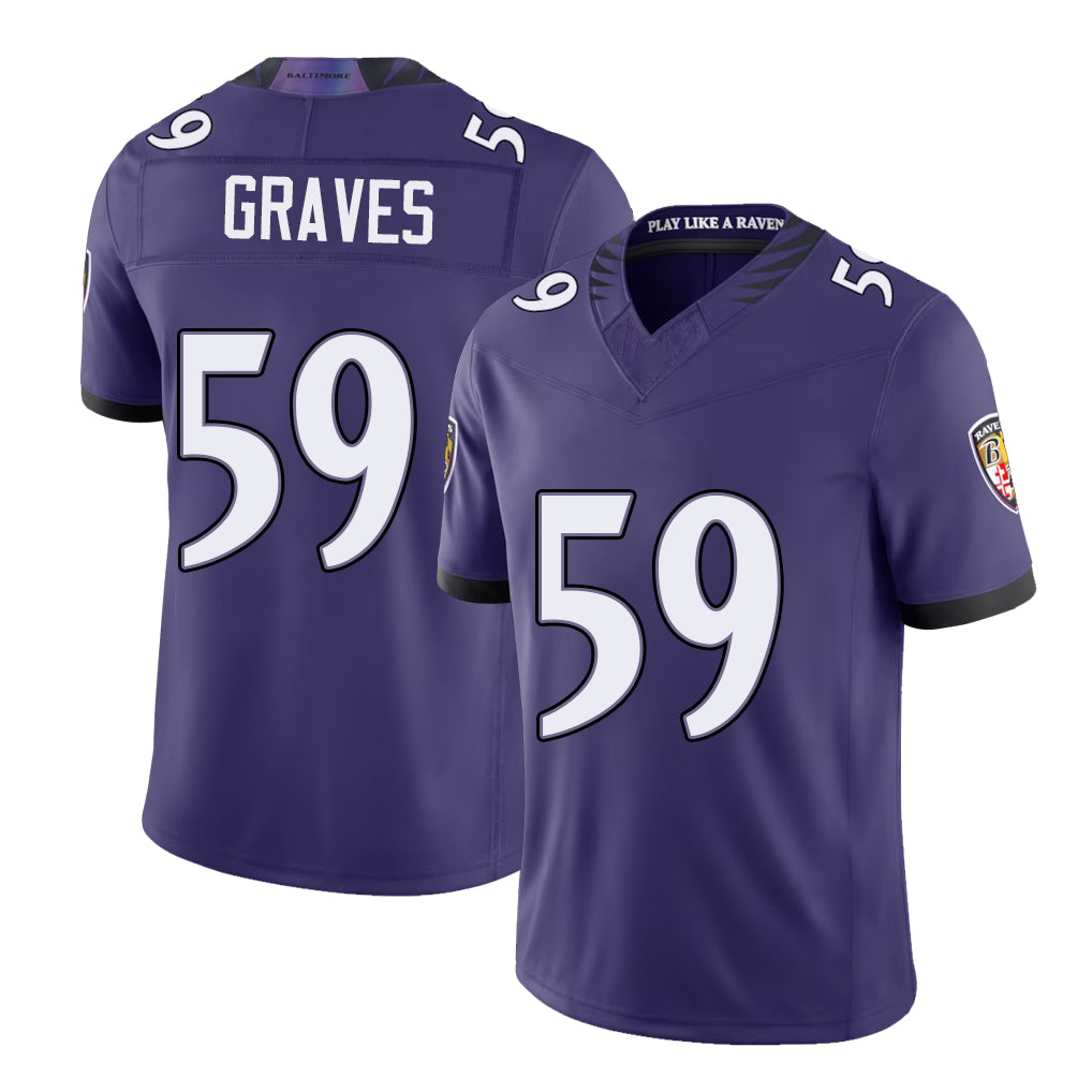 Baltimore #59 Graves Player Football V Neck Short Sleeve Purple Jersey Aaron For Men Youth Women Gift