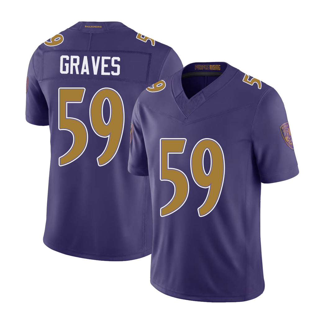 Baltimore #59 Graves Player Football V Neck Short Sleeve Purple Jersey Aaron For Men Youth Women Gift