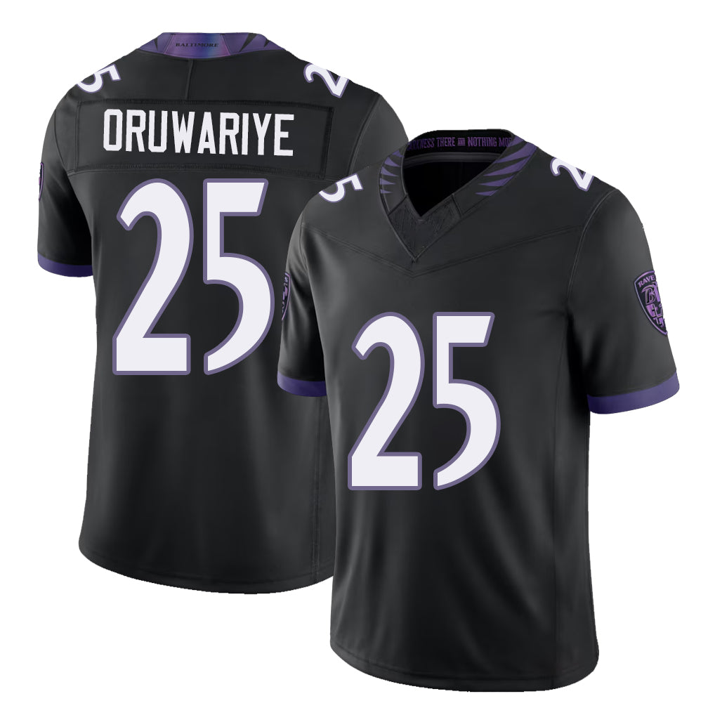 Baltimore #25 Oruwariye Player Football V Neck Short Sleeve Black Jersey Amani For Men Youth Women Gift
