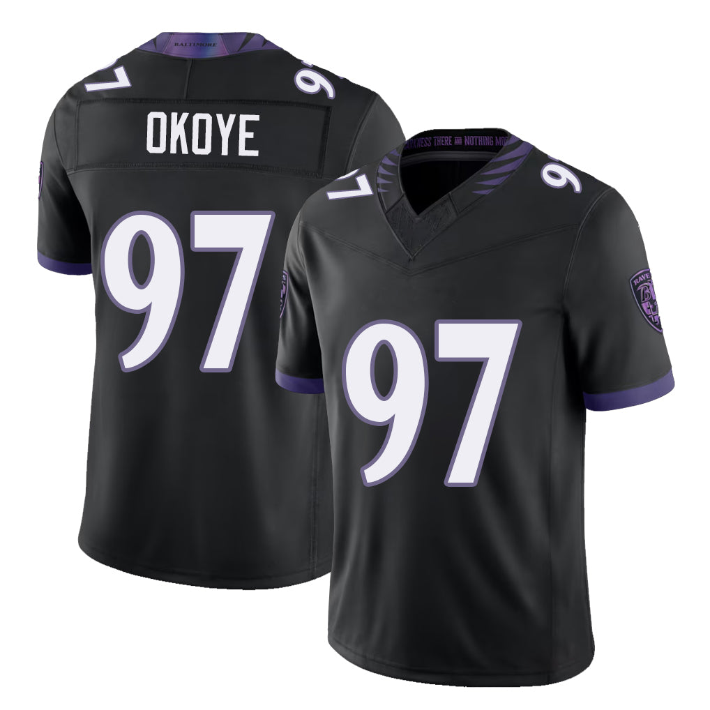 Baltimore #97 Okoye Player Football V Neck Short Sleeve Black Jersey Basil For Men Youth Women Gift