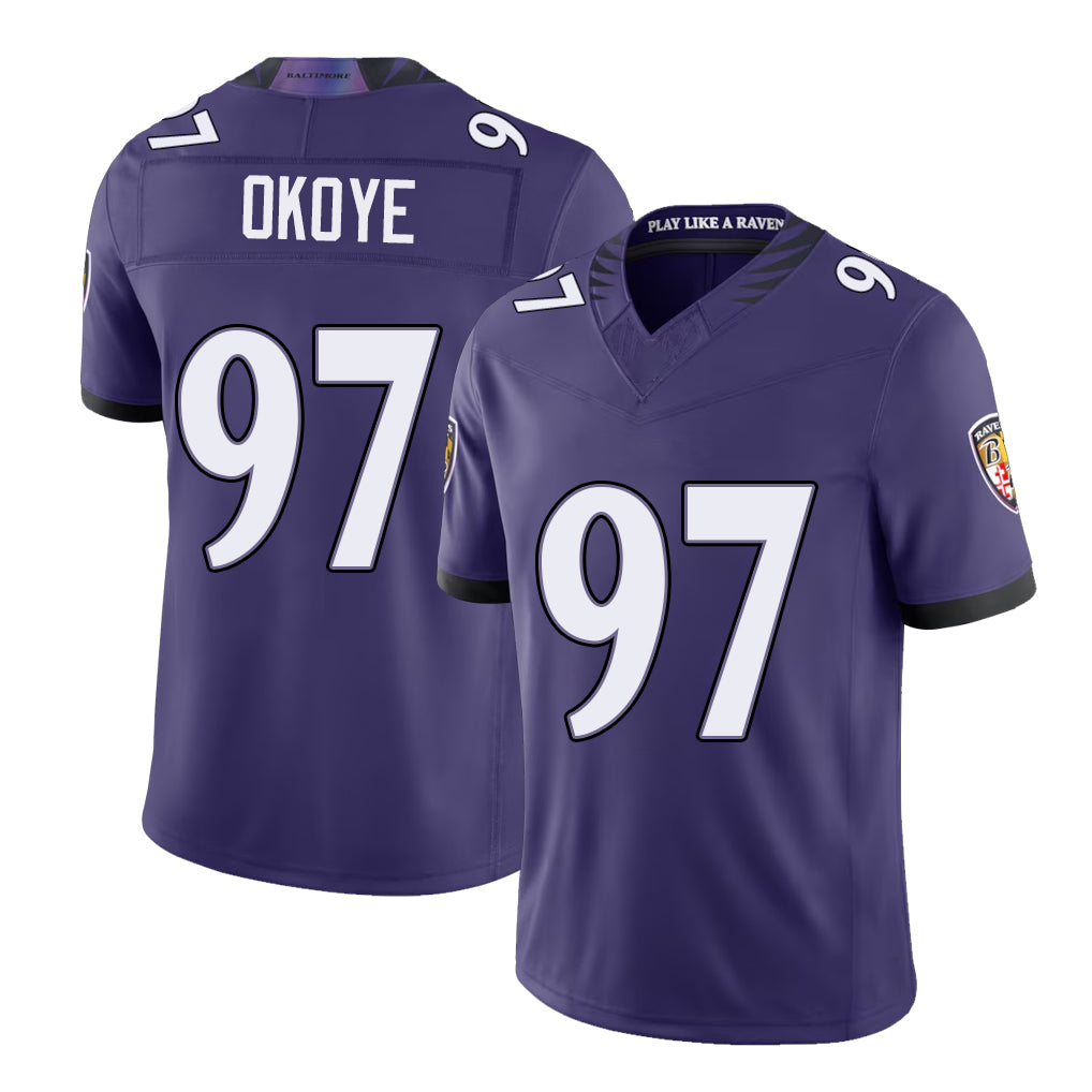 Baltimore #97 Okoye Player Football V Neck Short Sleeve Purple Jersey Basil For Men Youth Women Gift