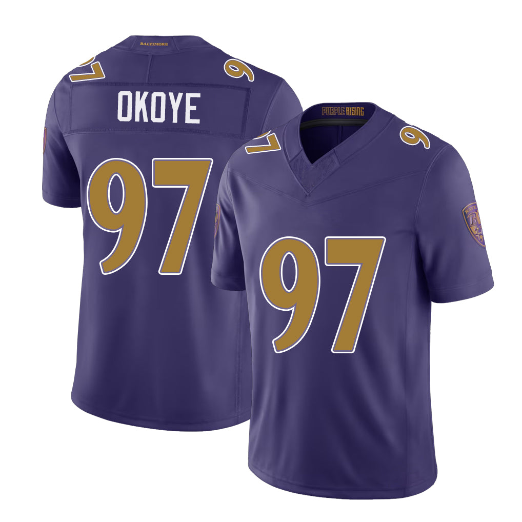 Baltimore #97 Okoye Player Football V Neck Short Sleeve Purple Jersey Basil For Men Youth Women Gift
