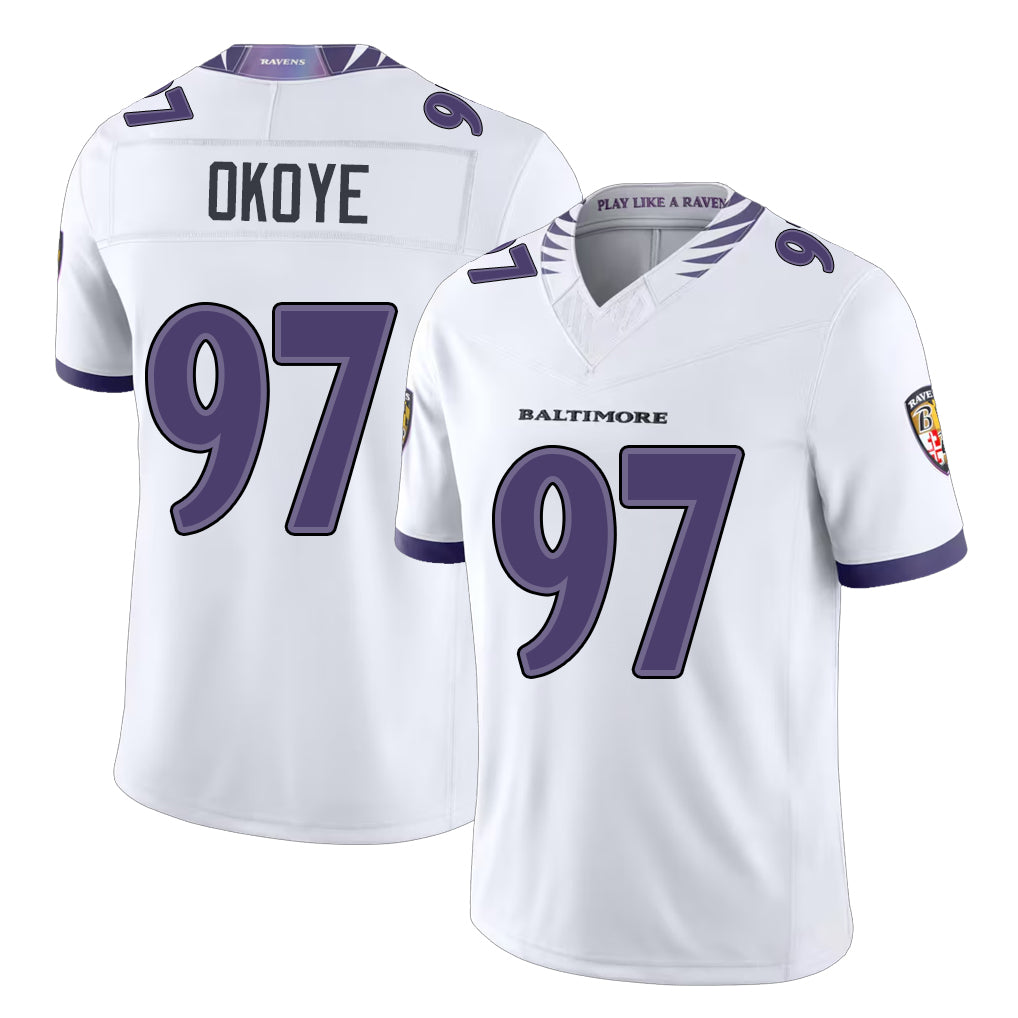 Baltimore #97 Okoye Player Football V Neck Short Sleeve White Jersey Basil For Men Youth Women Gift