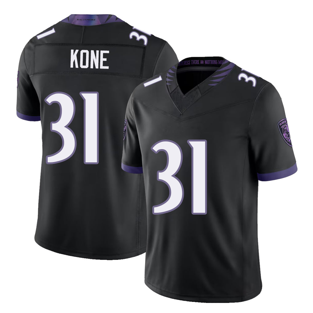 Baltimore #31 Kone Player Football V Neck Short Sleeve Black Jersey Bilhal For Men Youth Women Gift