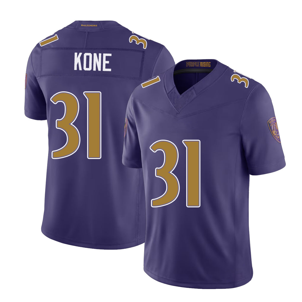 Baltimore #31 Kone Player Football V Neck Short Sleeve Purple Jersey Bilhal For Men Youth Women Gift