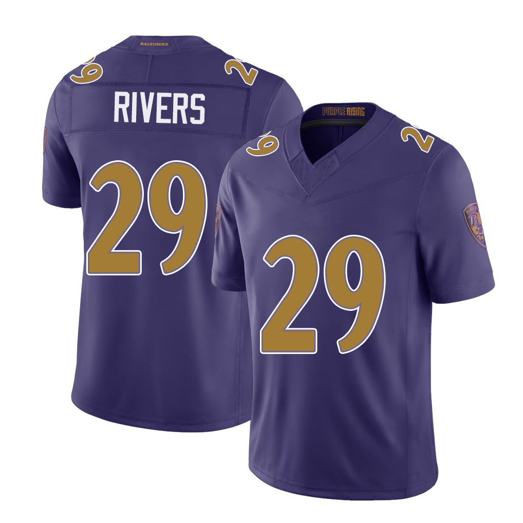 Baltimore #29 Rivers Player Football V Neck Short Sleeve Purple Jersey Chandler For Men Youth Women Gift