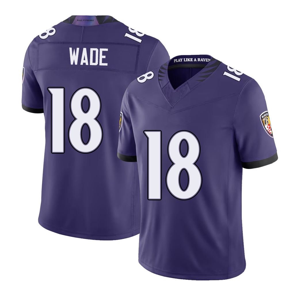 Baltimore #18 Wade Player Football V Neck Short Sleeve Purple Jersey Dayton For Men Youth Women Gift