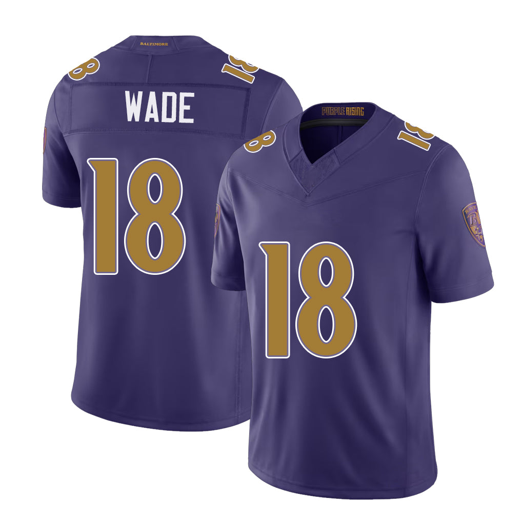 Baltimore #18 Wade Player Football V Neck Short Sleeve Purple Jersey Dayton For Men Youth Women Gift
