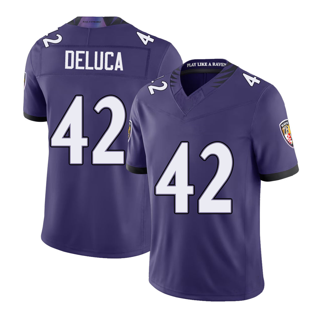 Baltimore #42 DeLuca Player Football V Neck Short Sleeve Purple Jersey Dominic For Men Youth Women Gift