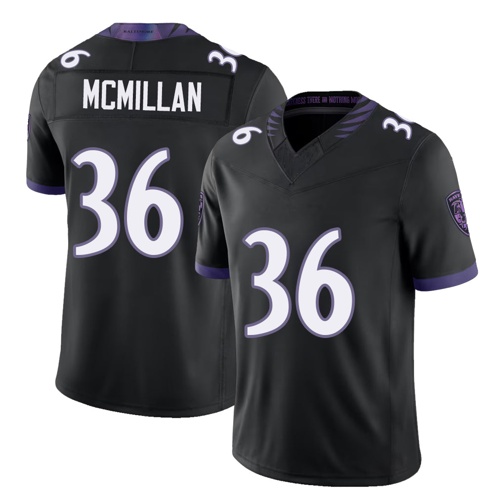 Baltimore #36 McMillan Player Football V Neck Short Sleeve Black Jersey Dontae For Men Youth Women Gift