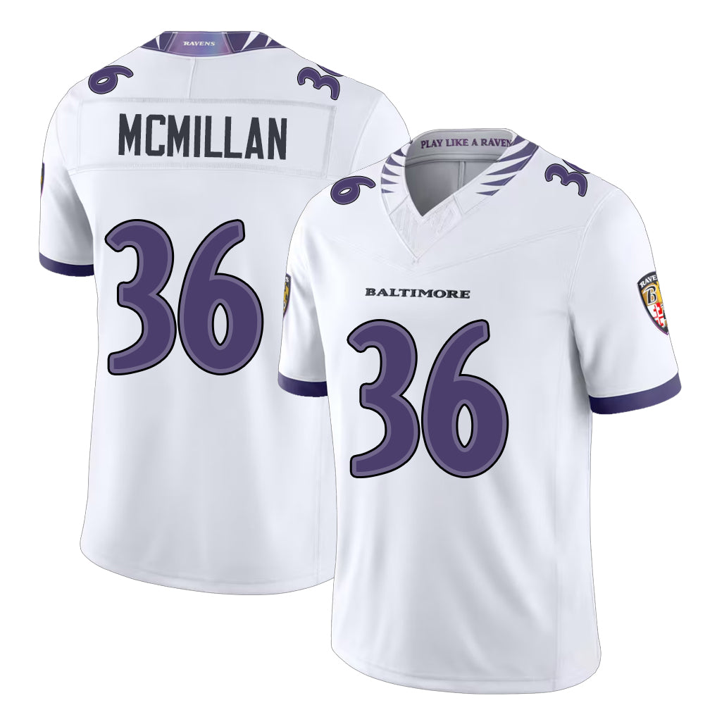 Baltimore #36 McMillan Player Football V Neck Short Sleeve White Jersey Dontae For Men Youth Women Gift