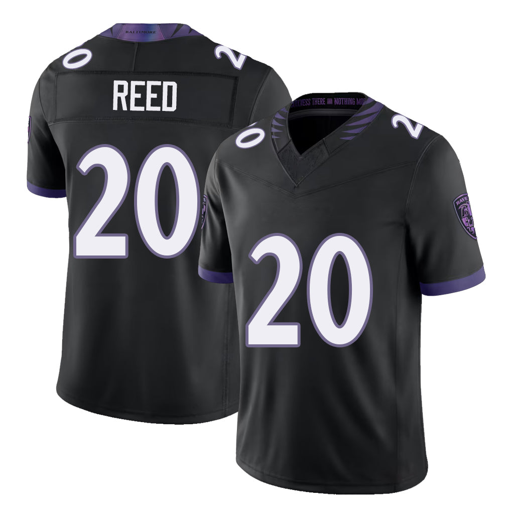 Baltimore #20 Reed Player Football V Neck Short Sleeve Black Jersey Ed For Men Youth Women Gift