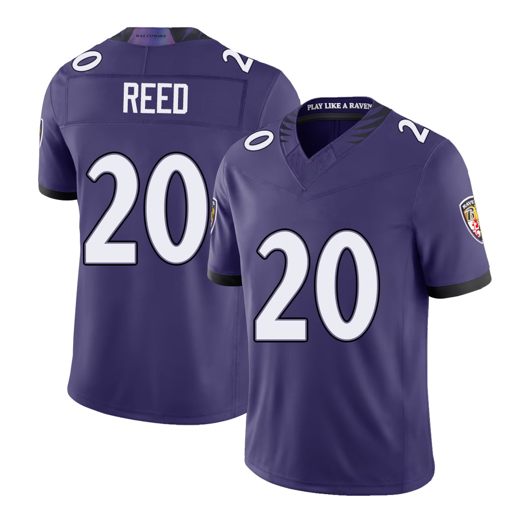 Baltimore #20 Reed Player Football V Neck Short Sleeve Purple Jersey Ed For Men Youth Women Gift