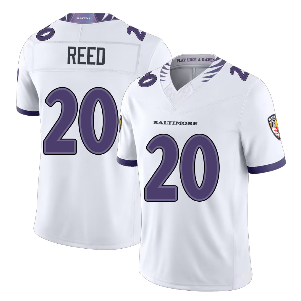 Baltimore #20 Reed Player Football V Neck Short Sleeve White Jersey Ed For Men Youth Women Gift
