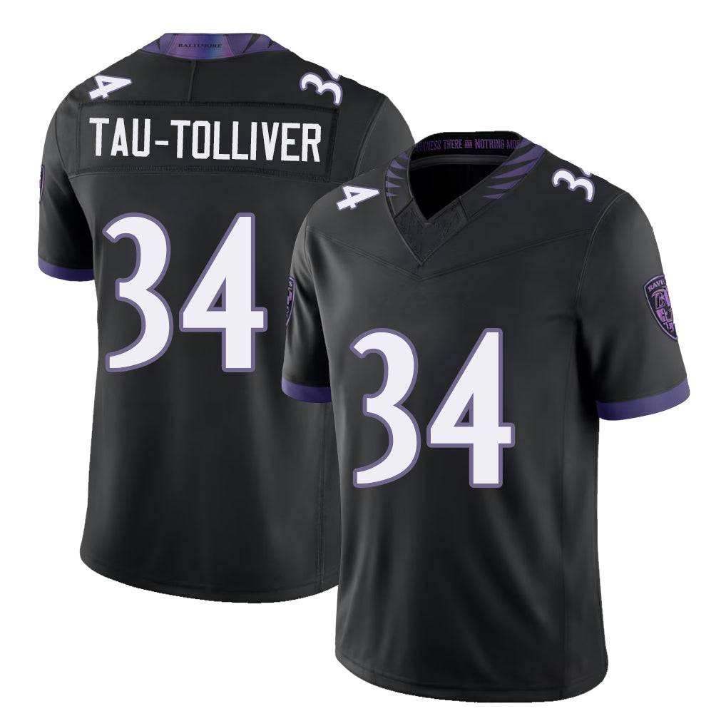 Baltimore #34 Tau-Tolliver Player Football V Neck Short Sleeve Black Jersey Elijah For Men Youth Women Gift