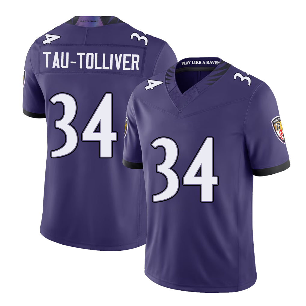 Baltimore #34 Tau-Tolliver Player Football V Neck Short Sleeve Purple Jersey Elijah For Men Youth Women Gift