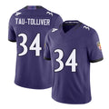 Baltimore #34 Tau-Tolliver Player Football V Neck Short Sleeve Purple Jersey Elijah For Men Youth Women Gift