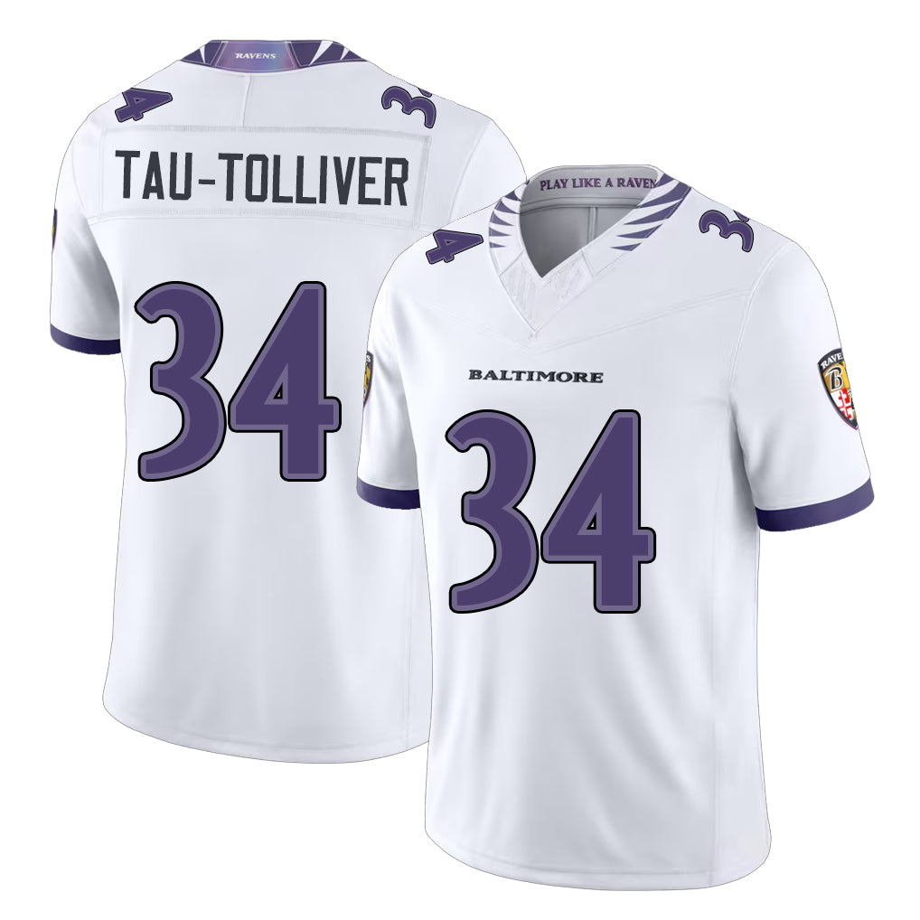 Baltimore #34 Tau-Tolliver Player Football V Neck Short Sleeve White Jersey Elijah For Men Youth Women Gift