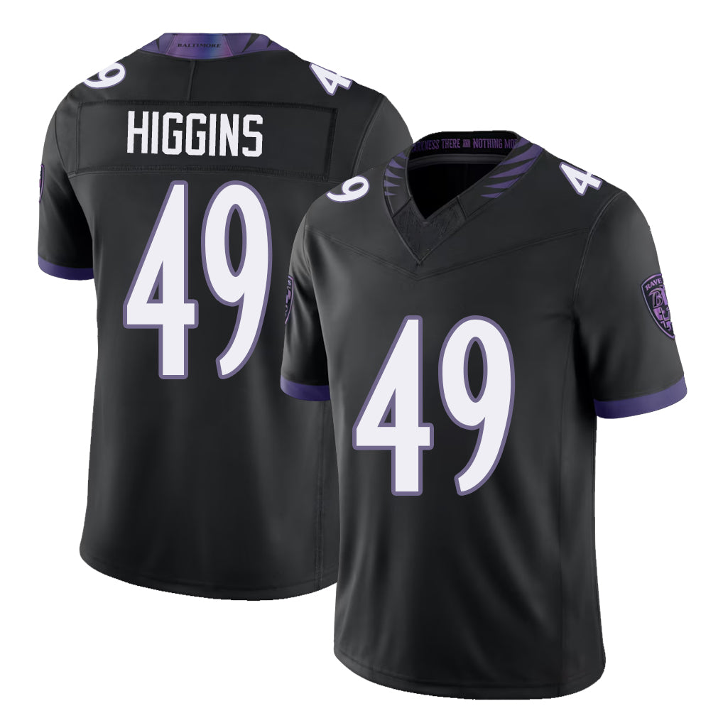 Baltimore #49 Higgins Player Football V Neck Short Sleeve Black Jersey Jay For Men Youth Women Gift