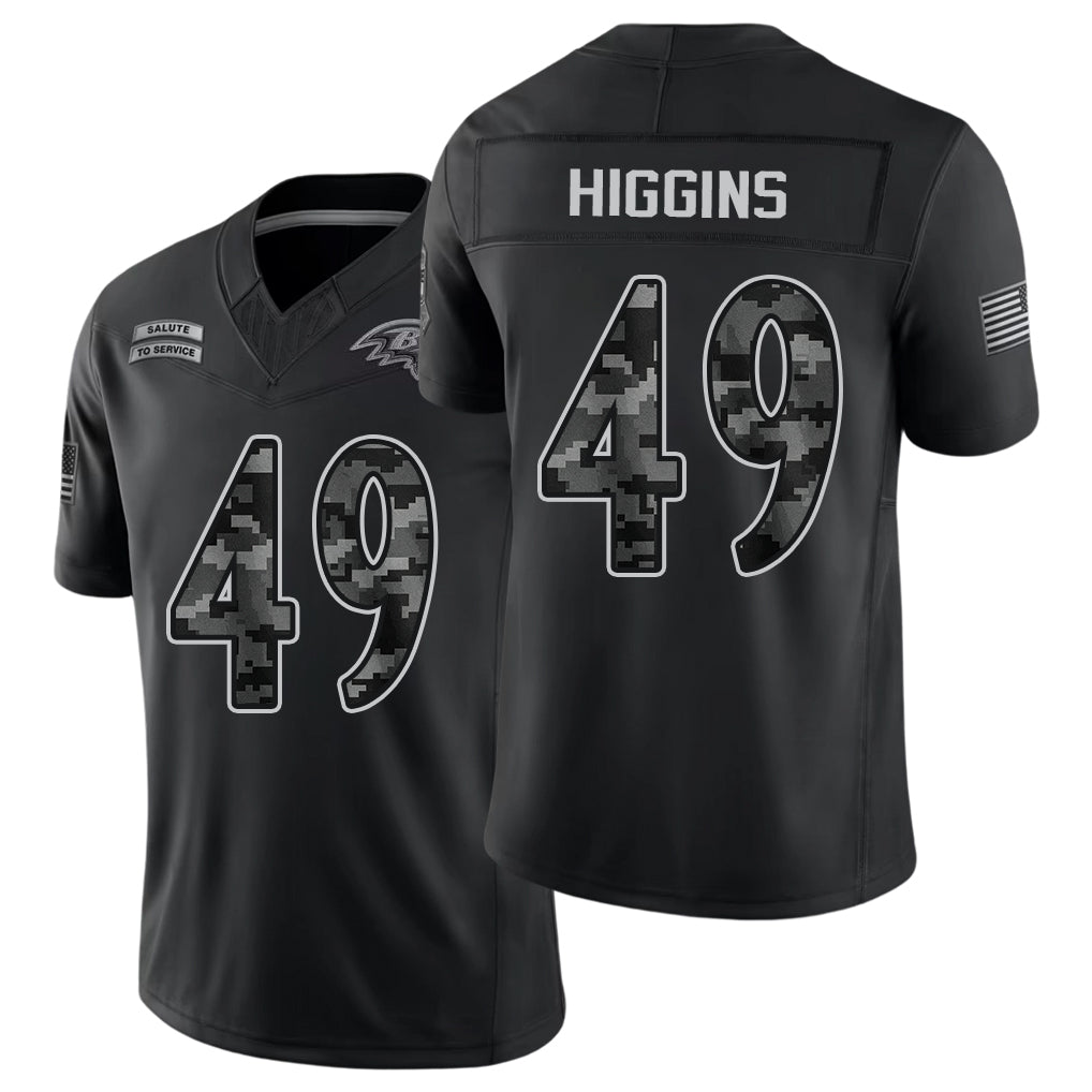 Baltimore #49 Higgins Player Football V Neck Short Sleeve Black Jersey Jay For Men Youth Women Gift