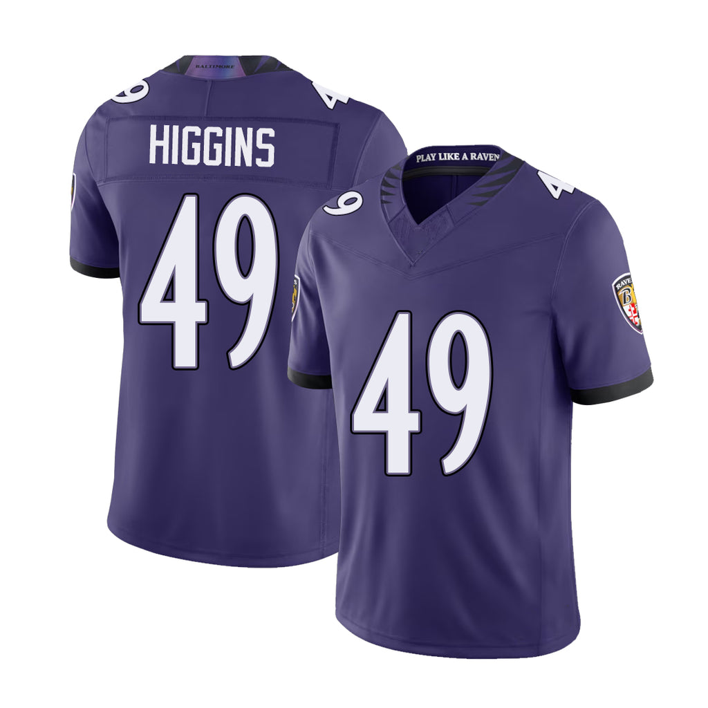 Baltimore #49 Higgins Player Football V Neck Short Sleeve Purple Jersey Jay For Men Youth Women Gift