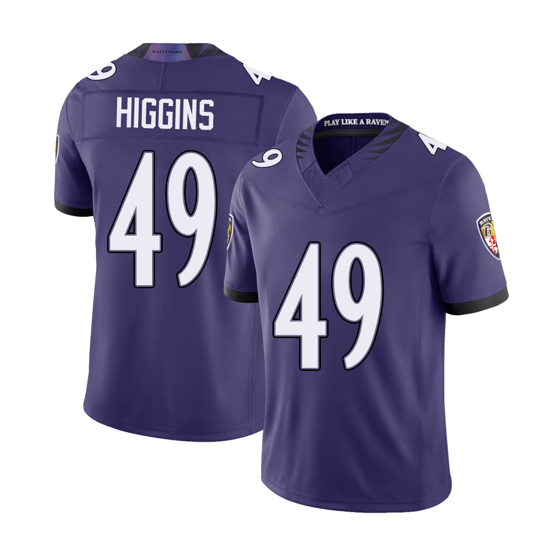 Baltimore #49 Higgins Player Football V Neck Short Sleeve Purple Jersey Jay For Men Youth Women Gift