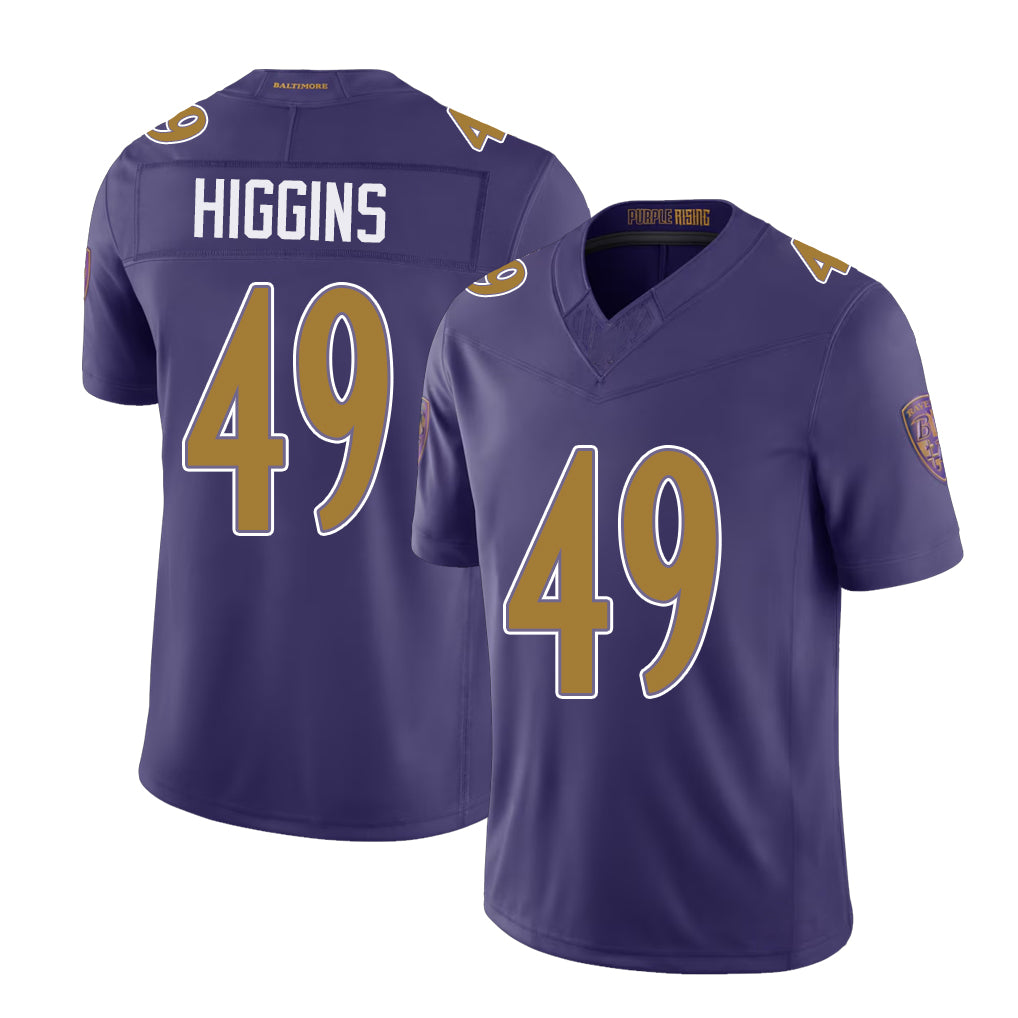Baltimore #49 Higgins Player Football V Neck Short Sleeve Purple Jersey Jay For Men Youth Women Gift
