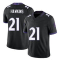Baltimore #21 Hawkins Player Football V Neck Short Sleeve Black Jersey Jaylinn For Men Youth Women Gift
