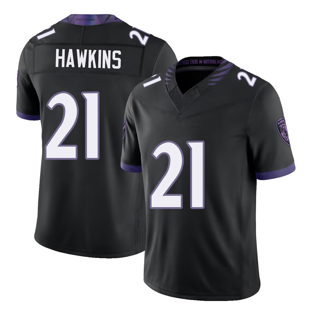 Baltimore #21 Hawkins Player Football V Neck Short Sleeve Black Jersey Jaylinn For Men Youth Women Gift