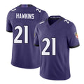 Baltimore #21 Hawkins Player Football V Neck Short Sleeve Purple Jersey Jaylinn For Men Youth Women Gift