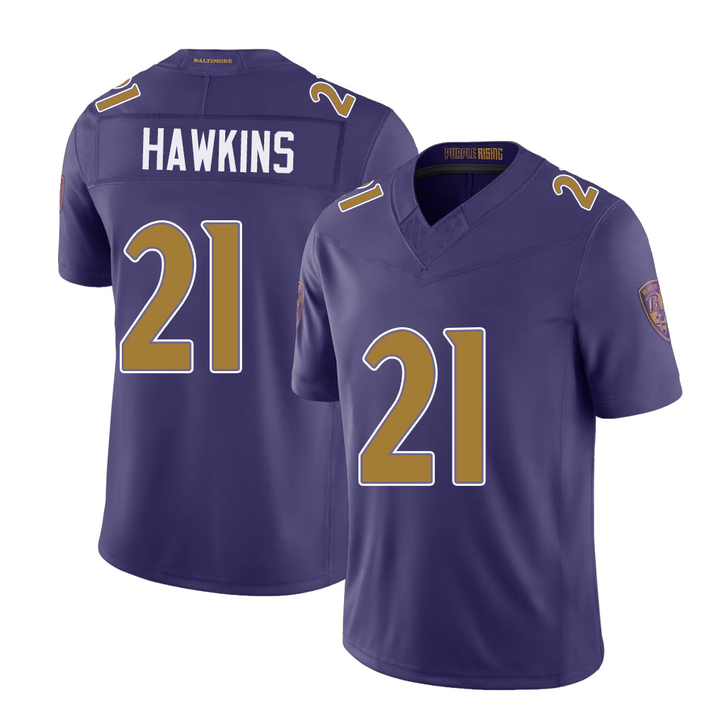 Baltimore #21 Hawkins Player Football V Neck Short Sleeve Purple Jersey Jaylinn For Men Youth Women Gift