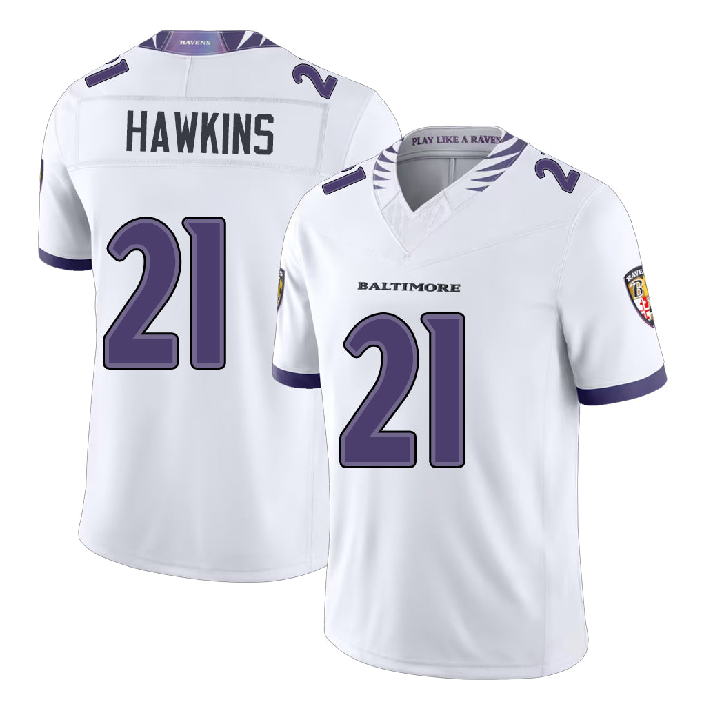 Baltimore #21 Hawkins Player Football V Neck Short Sleeve White Jahquez Jaylinn For Men Youth Women Gift