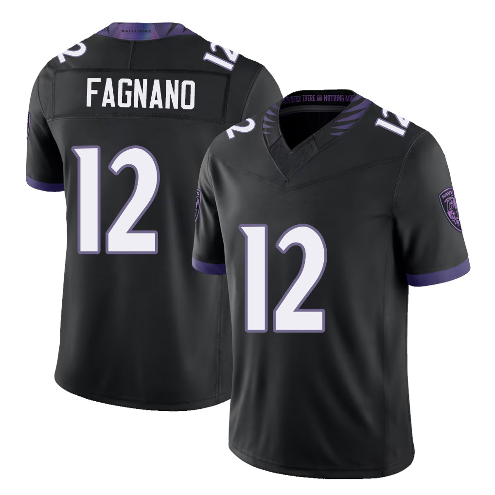 Baltimore #12 Fagnano Player Football V Neck Short Sleeve Black Jersey Joe For Men Youth Women Gift