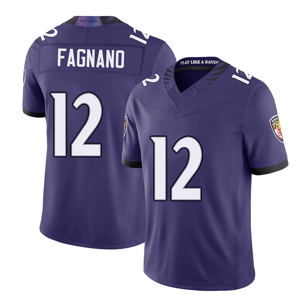 Baltimore #12 Fagnano Player Football V Neck Short Sleeve Purple Jersey Joe For Men Youth Women Gift