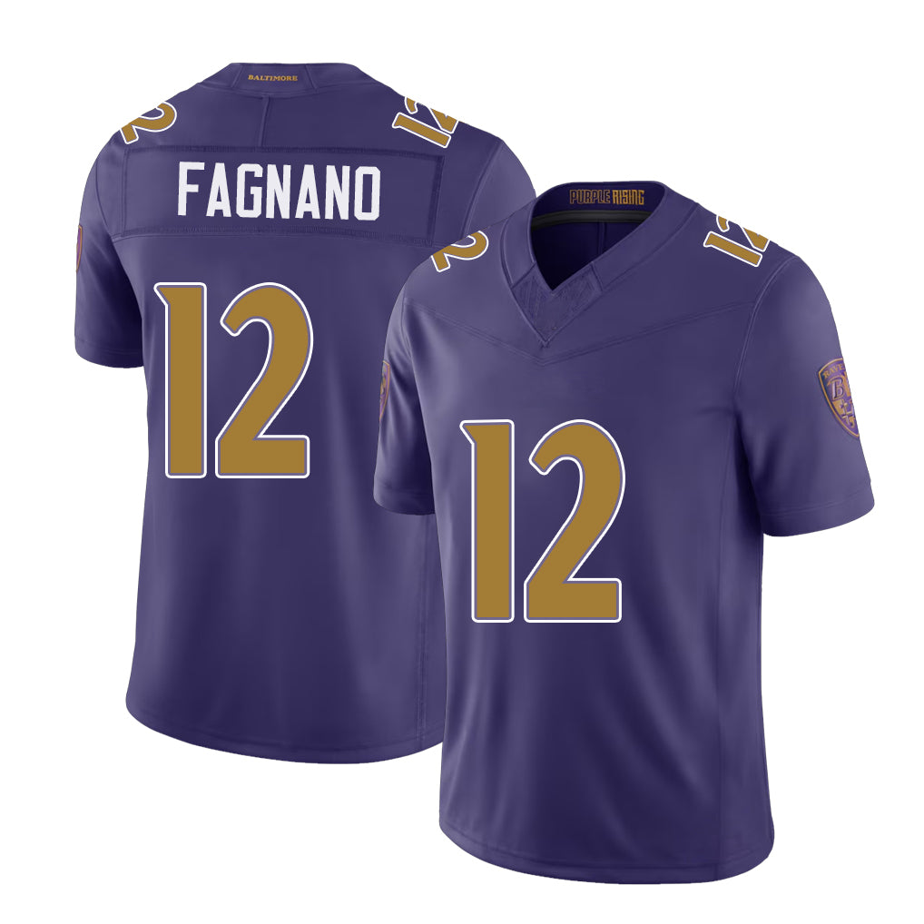Baltimore #12 Fagnano Player Football V Neck Short Sleeve Purple Jersey Joe For Men Youth Women Gift