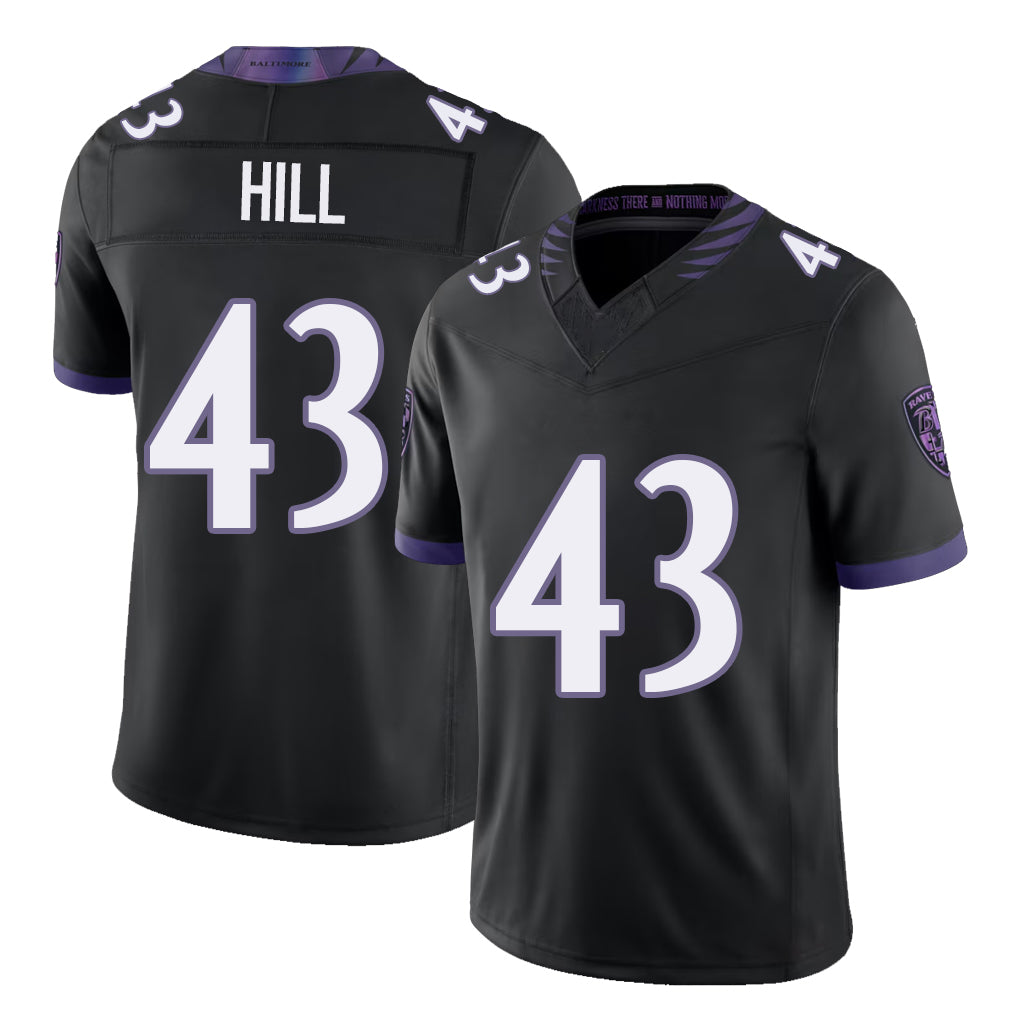Baltimore #43 Hill Player Football V Neck Short Sleeve Black Jersey Justice For Men Youth Women Gift