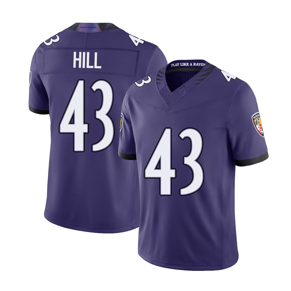 Baltimore #43 Hill Player Football V Neck Short Sleeve Purple Jersey Justice For Men Youth Women Gift