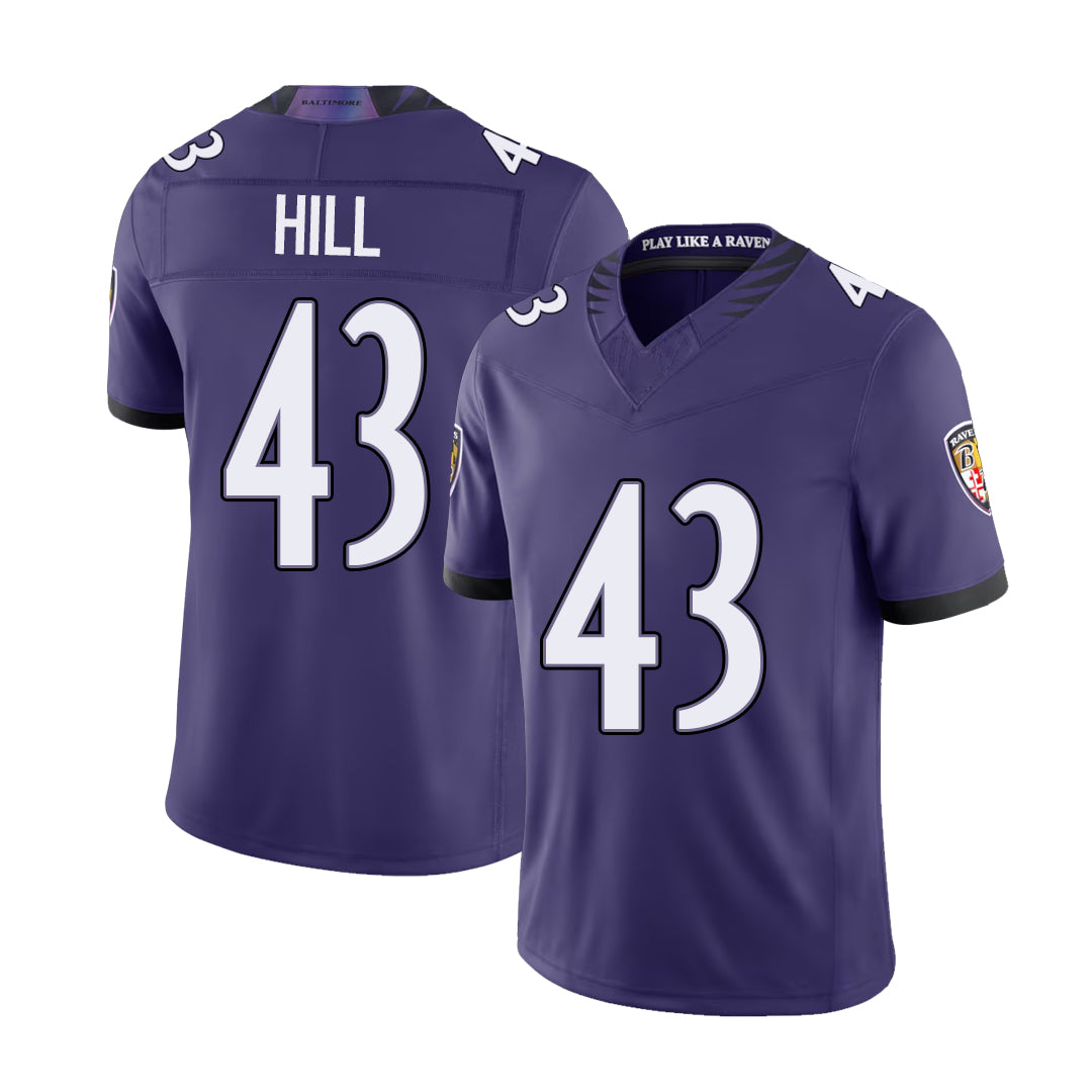 Baltimore #43 Hill Player Football V Neck Short Sleeve Purple Jersey Justice For Men Youth Women Gift