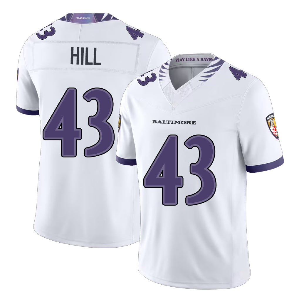 Baltimore #43 Hill Player Football V Neck Short Sleeve White Jahquez Justice For Men Youth Women Gift