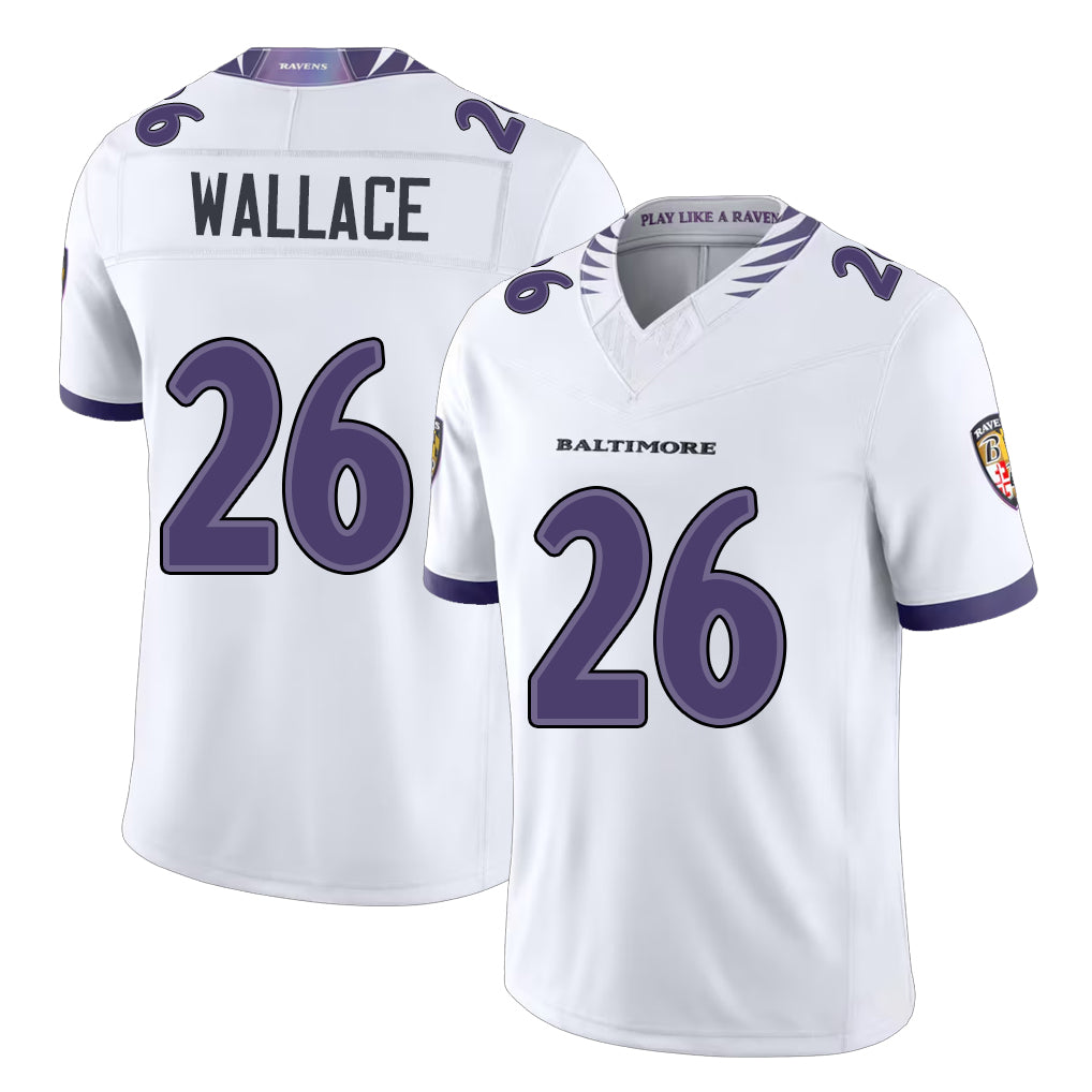 Baltimore #26 Wallace Player Football V Neck Short Sleeve White Jahquez K'Von For Men Youth Women Gift