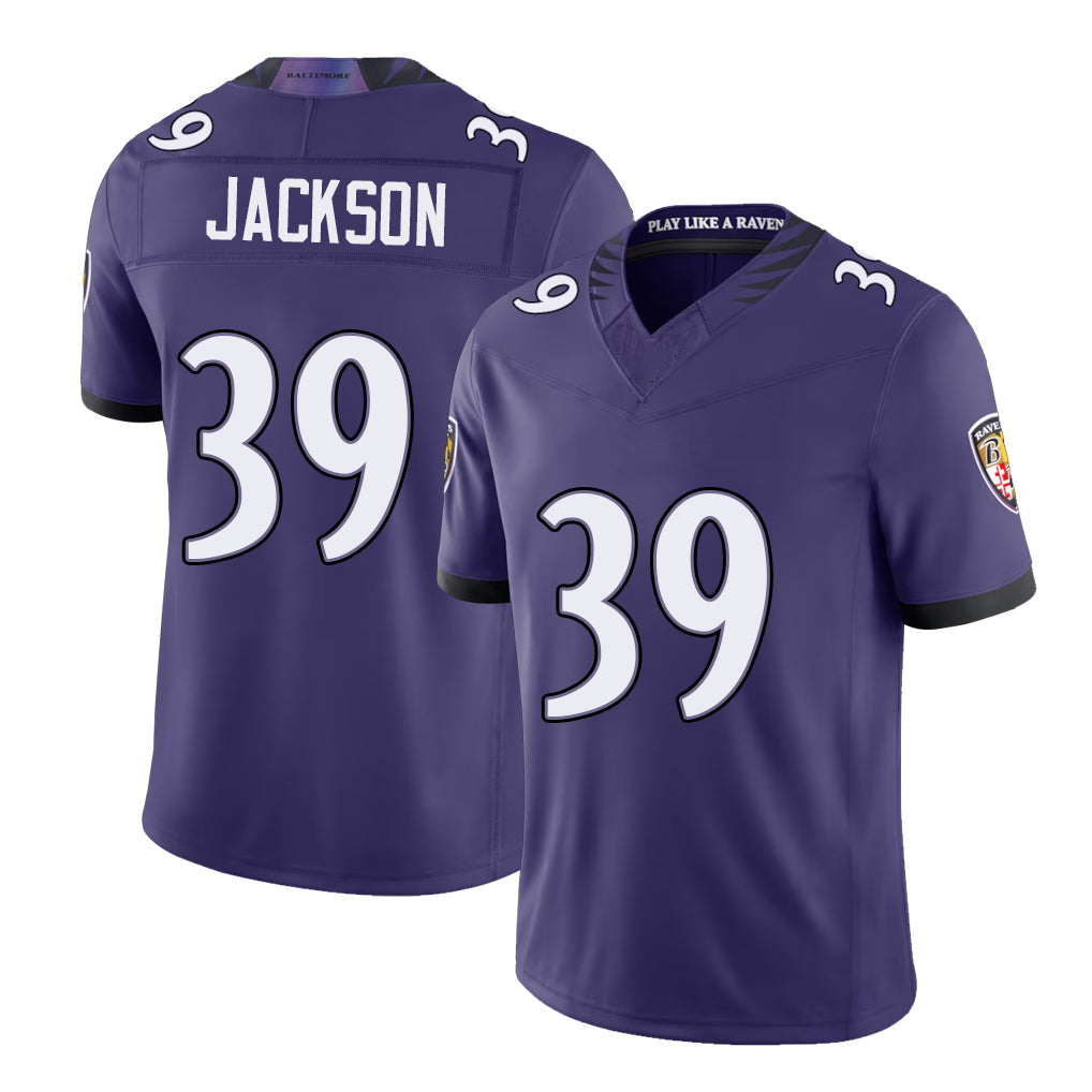 Baltimore #39 Jackson Player Football V Neck Short Sleeve Purple Jersey Keondre For Men Youth Women Gift