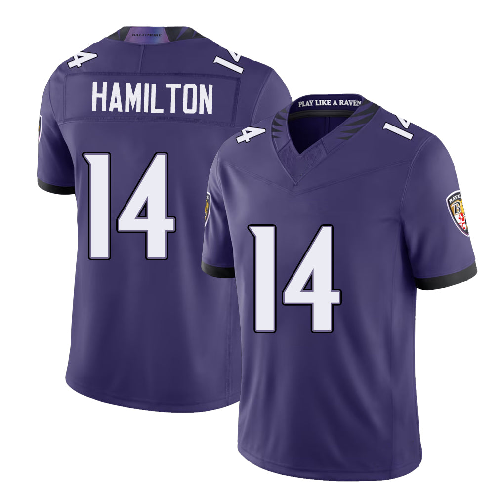 Baltimore #14 Hamilton Player Football V Neck Short Sleeve Purple Jersey Kyle For Men Youth Women Gift