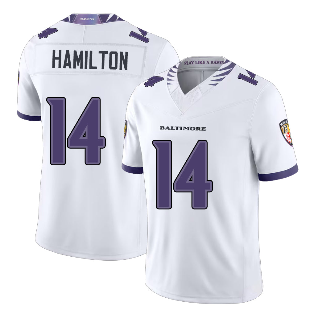 Baltimore #14 Hamilton Player Football V Neck Short Sleeve White Jahquez For Men Youth Women Gift