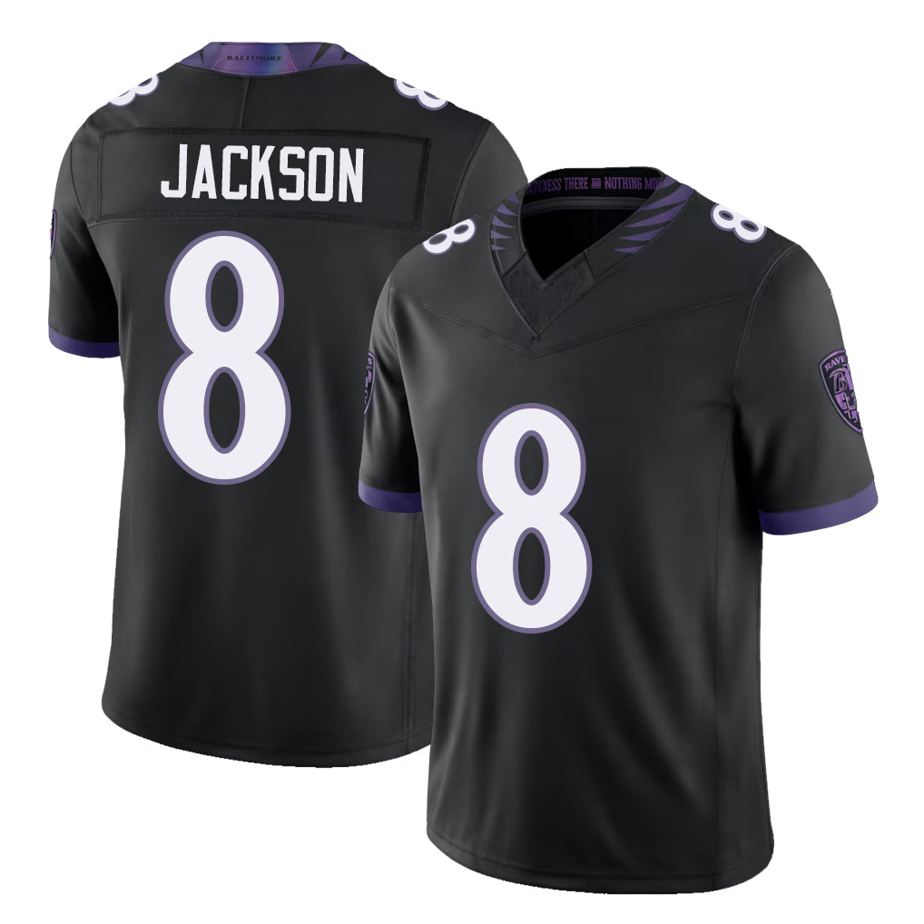 Baltimore #8 Jackson Player Football V Neck Short Sleeve Black Jersey Lamar For Men Youth Women Gift